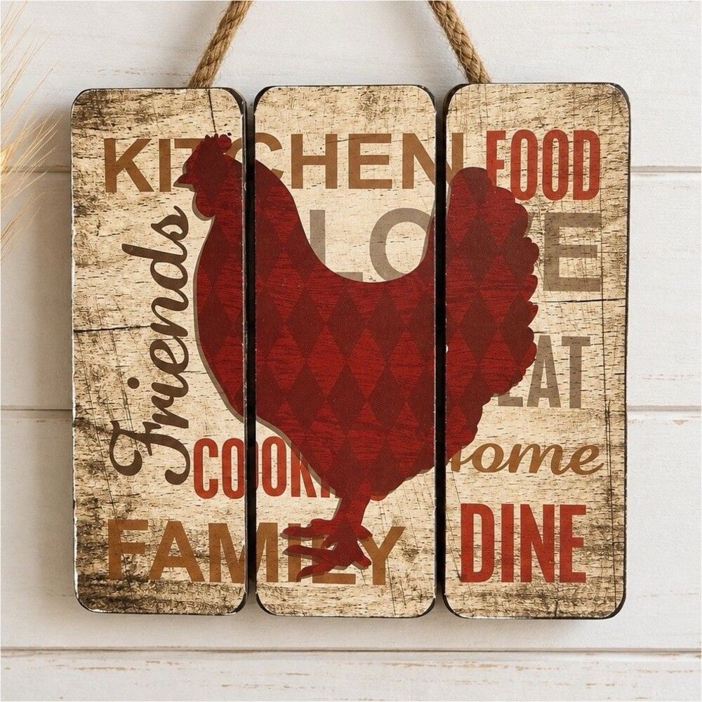Farmhouse Chicken Kitchen Wall Sign Rustic Rooster Hen Wood Slats Hanging Rope
